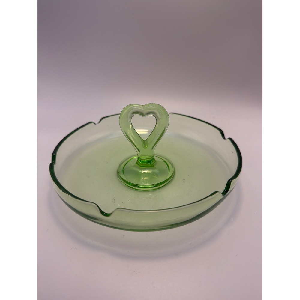 Vintage Green Uranium Glass Heart Handle Tidbit Tray Scalloped Ashtray 6 inch